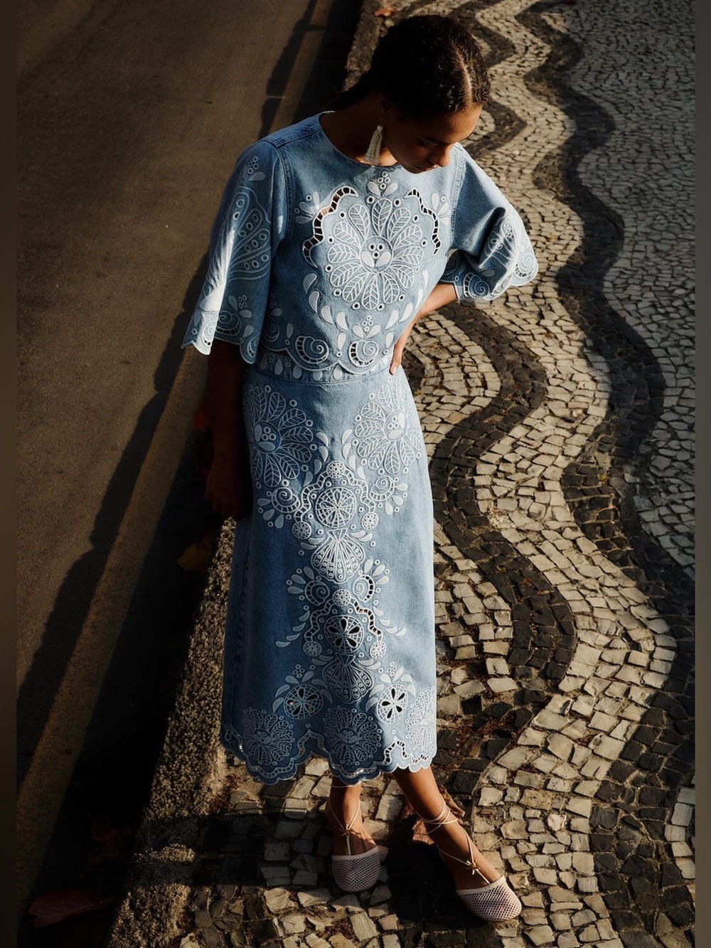 Farm Rio Denim Richelieu Wavy Hem Midi Skirt
